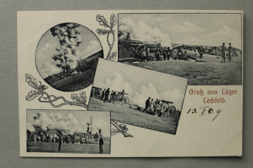 AK Gruss aus Lager Lechfeld / 1909 / Mehrbildkarte / Soldaten / Kanonen / Schützengraben / Artillerie Feuer